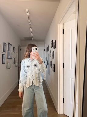 Light blue leather  Fringe Jacket with Embroidered Medallions